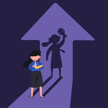 Kazanan gölgesi arkasında kupa tutan bir iş kadını çiziyor. Liderlik, başarı ve iş mücadelesi. Kupa gölgesi olan kadın. Çizgi film grafik vektör çizimi