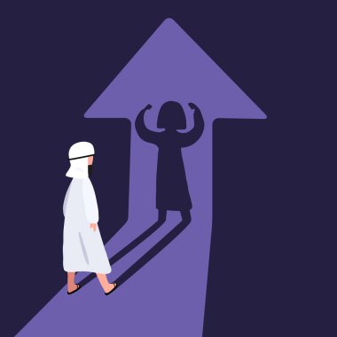 İş konsepti tasarımı genç Arap iş adamı ellerini kaldırarak başarıyı ve pozitif olmayı düşünerek gölgesini izliyor. Profesyonel işçi. Vektör çizimi düz çizgi film biçimi