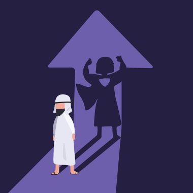 İş konsepti, arkasında gölge süper kahraman olan Arap iş adamı tasarımı. İş metaforunda süper yönetici lideri. Başarı, liderlik kalitesi, güven çalışanı. Vektör illüstrasyon düz çizgi film