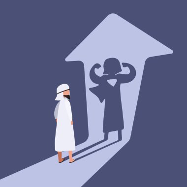 İş konsepti, süper iç gücünü ya da süper kahramanlığını gösteren kaslı gölgesinin önünde duran Arap işadamının izole edilmiş haliydi. Kendine güven. Gelecekteki hedefimiz. Tasarım vektörü illüstrasyonu