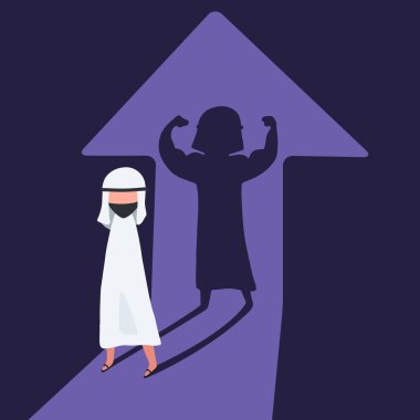 İş konsepti düz Arap tarzı iş adamı arkasında kaslı vücut gölgesi ile duruyor ve iç gücünü gösteriyor. Kendine güven ya da gelişme. Gelecekteki hedefimiz. Tasarım vektörü illüstrasyonu