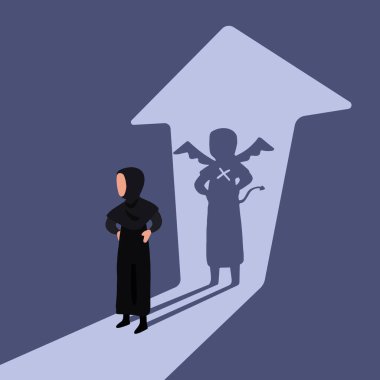 Arkasında şeytan gölgesi duvarı olan Arap bir iş kadını çiziyor. Kötü bir işletme yöneticisi. Kendi şeytani gölgesi olan bir işçi. İş metaforu. Çizgi film grafik vektör çizimi