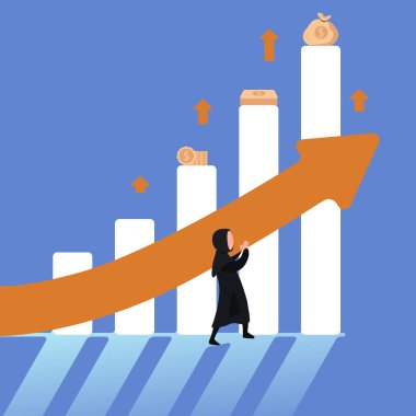 İş konsepti düz Arap iş kadını artan grafik oku tutuyor. İş başarısı. Yönetimde gelişimin sembolü. Kâr, gelir, iş geliştirme. Grafik tasarım vektör çizimi