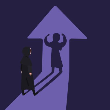 İş konsepti tasarımı genç Arap iş kadını elini kaldırarak başarıyı ve pozitif olmayı düşünerek gölgesini izliyor. Profesyonel işçi. Vektör çizimi düz çizgi film biçimi