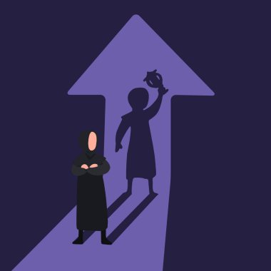 İş konsepti düz bir Arap iş kadını kazanan gölge kupası arkasında tutuyor. Liderlik, başarı ve iş mücadelesi. Kupa gölgesi olan kadın. Tasarım vektörü illüstrasyonu
