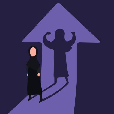 İş konsepti, arkasında kaslı vücut gölgesi olan ve iç gücünü gösteren Arap iş kadını tasarımı. Kendine güven, gelişme. Gelecekteki hedefimiz. Vektör illüstrasyon düz çizgi film