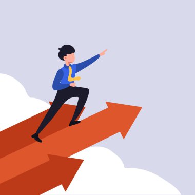 İşletme düz çizim işadamı lideri oklar üzerinde duruyor ve ileriyi işaret ediyor. Erkek işçi hızlı ok işareti kullanarak uçuyor. Başarılı bir işletme yöneticisi. Çizgi film grafik vektör çizimi