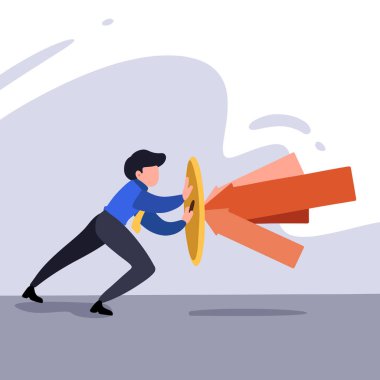 İş konsepti tasarımı cesur iş adamlarının kalkanlarını saldırılara karşı koruyor. Yansıma darbesi. Saldırı koruması. Sigorta, tehlikelerden korunma. Vektör çizimi düz çizgi film biçimi