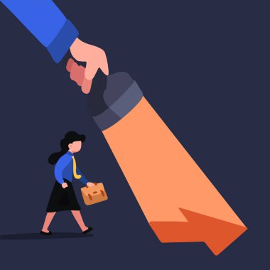 İş konsepti düz stil genç iş kadını el feneriyle takip ederek gizli ok işaretini ortaya çıkarıyor. El feneri işçilere yol gösteriyor. Grafik tasarım vektör çizimi