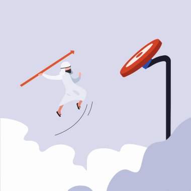 Arap iş adamı düz çizerek mızrak okunu hedefe fırlattı. İş çığır açan başarı konsepti. Hedef tahtaya ok atan çekici bir adam. Çizgi film grafik vektör çizimi