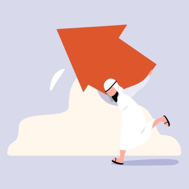 Ağır oklar taşıyan Arap iş adamı çizimi. Motive olmuş erkek menajer sırtında kocaman bir ok taşıyor. Finansal istikrar ve hedefe ulaşmak için. Çizgi film vektör illüstrasyonu