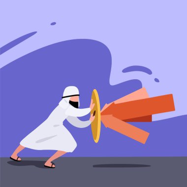 İş konsepti tasarımı cesur Arap işadamlarının saldırılara karşı kalkanları var. Yansıma darbesi. Saldırı koruması. Sigorta, tehlikelere karşı koruma. Vektör çizimi düz çizgi film biçimi