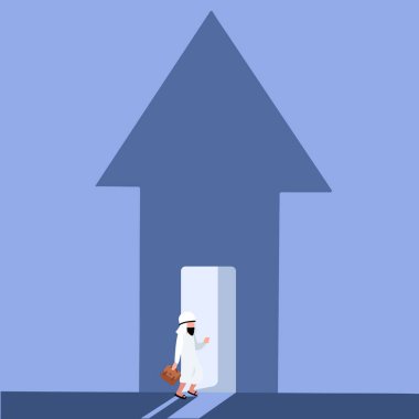 Arap iş adamı düz çizim yaparak ok şeklindeki eve giriyor. Erkek yönetici yukarı doğru ok atarak giriyor. Çalıştır. Bir sonraki seviyeye iş başarısı. Kariyer geliştirme. Çizgi film vektör illüstrasyonu