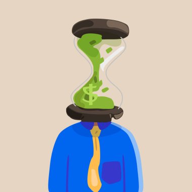 Baskıyı, son teslim tarihini, takvimi, zaman yönetimi kavramını sembolize eden, kafası yerine kum saatiyle başarılı bir iş adamı çizimi. Kum saati. Çizgi film grafik vektör çizimi
