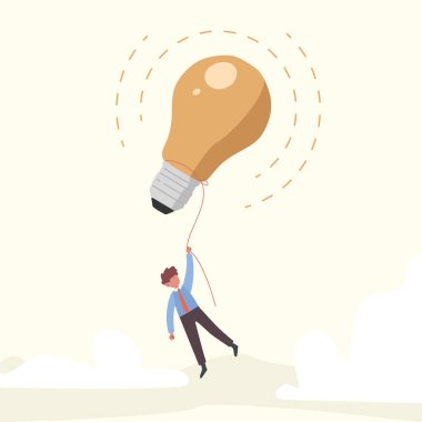 Havada uçan bir balon tutan akıllı iş adamı çiziyor. Sorun çözmek için büyük bir fikir, icatlar ya da iş büyümesini hızlandırmak için yenilikler. Çizgi film vektör illüstrasyonu