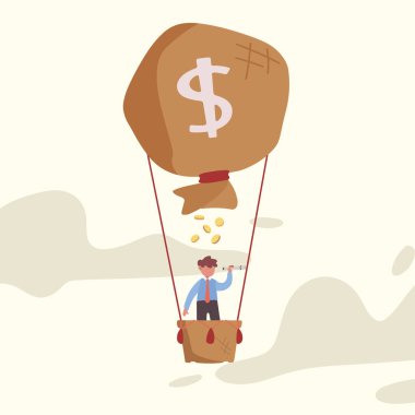 Sıcak hava balonunda teleskop ya da tek gözlü para çantalı mutlu iş adamı çiziyor. İş konsepti arayışı, büyüme, liderlik, yatırım. Çizgi film vektör illüstrasyonu