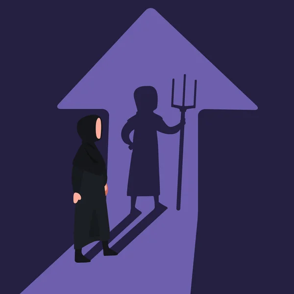 Geschäftskonzeptdesign Arabische Geschäftsfrau Mit Schattenteufel Böse Arbeiterin Mit Ihrem Teufelsschatten — Stockvektor