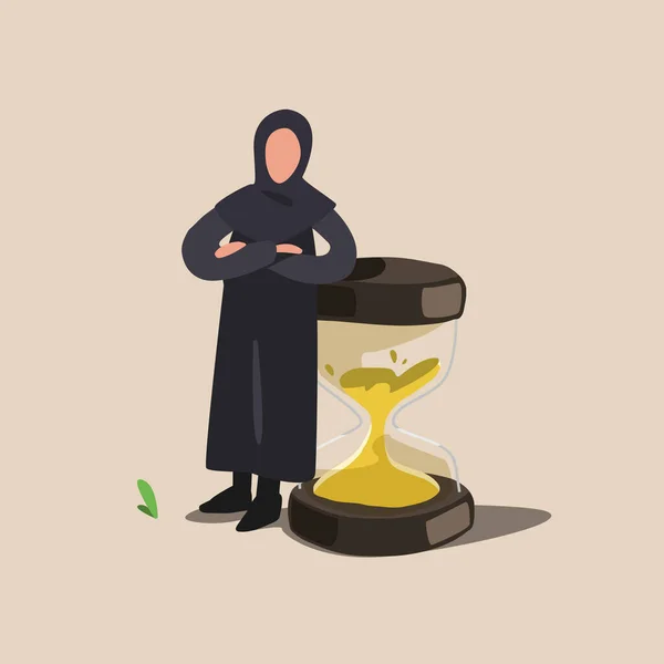 阿拉伯女商人靠在巨大的巨型沙漏上 有效的时间管理 任务组织成功 资金投入 最后期限 及时性 卡通矢量图解 — 图库矢量图片