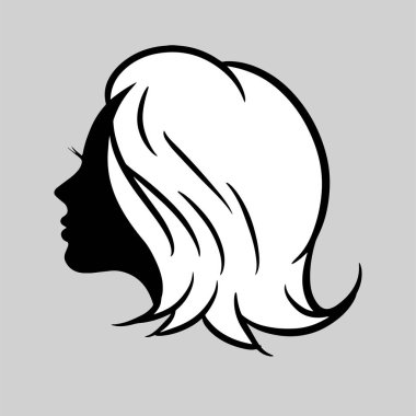Güzel, dalgalı saçlı bir kadının silueti ya da ikonu. Kuaför logosu ya da saç bakımı için çok uygun.
