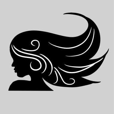 Güzel, dalgalı saçlı bir kadının silueti ya da ikonu. Kuaför logosu ya da saç bakımı için çok uygun.