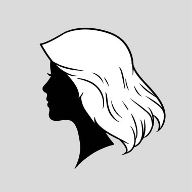 Güzel, dalgalı saçlı bir kadının silueti ya da ikonu. Kuaför logosu ya da saç bakımı için çok uygun.