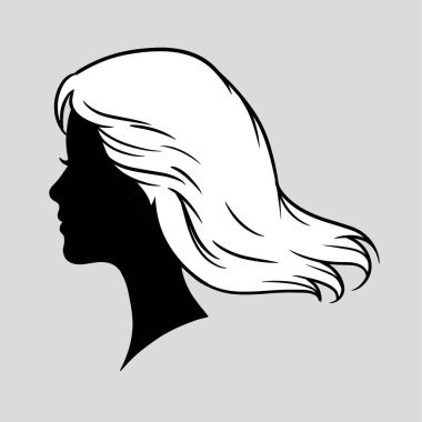 Güzel, dalgalı saçlı bir kadının silueti ya da ikonu. Kuaför logosu ya da saç bakımı için çok uygun.