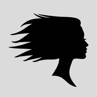Güzel, dalgalı saçlı bir kadının silueti ya da ikonu. Kuaför logosu ya da saç bakımı için çok uygun.