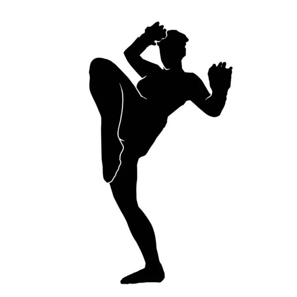 Silueta Muay Thai Masculino Kickboxing Arte Marcial Patada Pose Silueta — Vector de stock