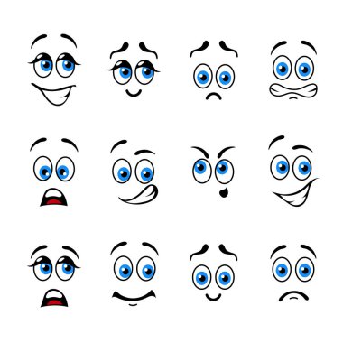 Bir dizi karikatür, duygusal ifadelerle karşılaşıyor. çeşitli komik ifadeler yüz ifadeleri.