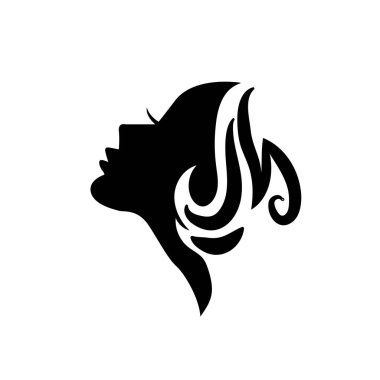 Kuaför salonu ya da saç ürünleri ve hizmet için sanatsal girdap süsleri olan stilize kadın kafası ve saç silueti..