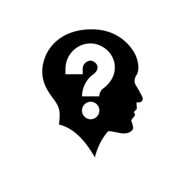 Soru işareti sembollü insan kafa profili silueti. 
