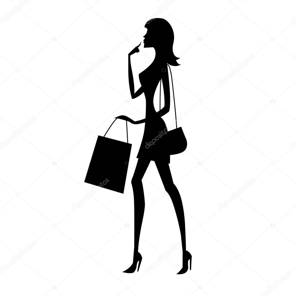 stylized silhouette illustration of a fashionable woman holding shopping bags.