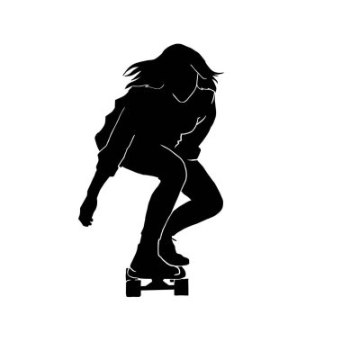 Kaykay yapan güzel bir kadının vektör silueti