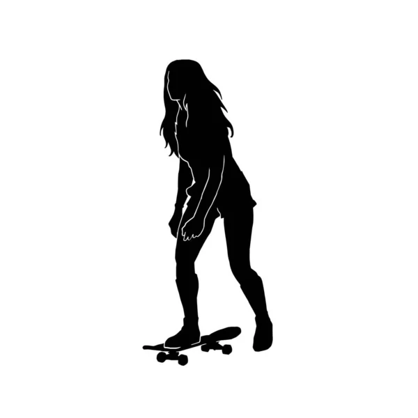 Vector Silhouette Beautiful Woman Playing Skate Board — Stock Vector