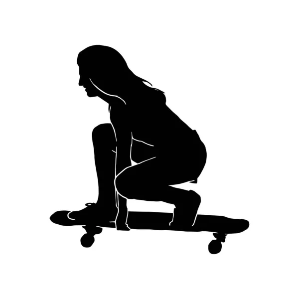 Vector Silhouette Beautiful Woman Playing Skate Board — Stock Vector