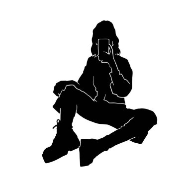 Selfie çeken genç bir kadının vektör silueti.