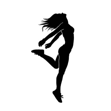 Genç bayan hip hop dansçısı, beyaz arka planda aşırı hareketli vektör silueti var.