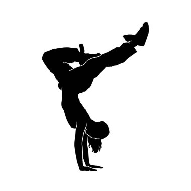 Genç bayan hip hop dansçısı, beyaz arka planda aşırı hareketli vektör silueti var.