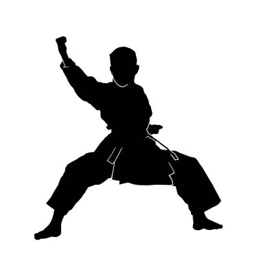 Beyaz arka planda kimono üniforması giyen genç bir erkek karate sporcusunun vektör çizimi