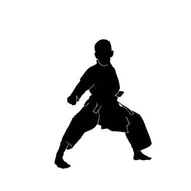 Beyaz arka planda kimono üniforması giyen genç bir erkek karate sporcusunun vektör çizimi
