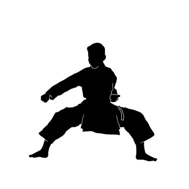 Beyaz arka planda kimono üniforması giyen genç bir erkek karate sporcusunun vektör çizimi