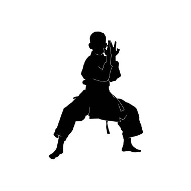 Beyaz arka planda kimono üniforması giyen genç bir erkek karate sporcusunun vektör çizimi