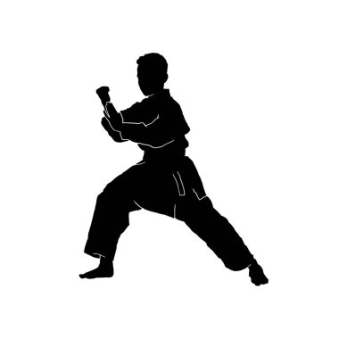 Beyaz arka planda kimono üniforması giyen genç bir erkek karate sporcusunun vektör çizimi