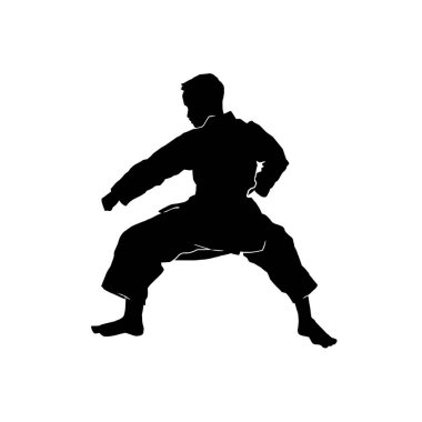 Beyaz arka planda kimono üniforması giyen genç bir erkek karate sporcusunun vektör çizimi