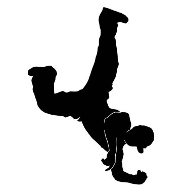 Genç hip-hop dansçısı, beyaz arka planda aşırı hareketli vektör silueti var.