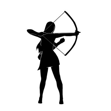 Kadın okçu savaşçı silueti geleneksel bir okla hedefe nişan alıyor.