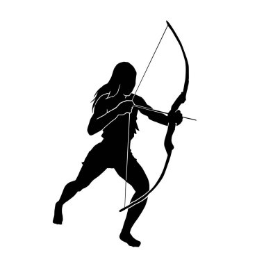 Kadın okçu savaşçı silueti geleneksel bir okla hedefe nişan alıyor.