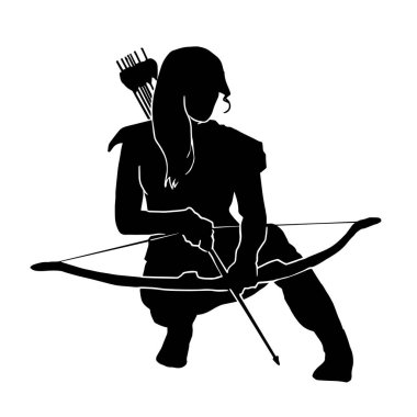 Kadın okçu savaşçı silueti geleneksel bir okla hedefe nişan alıyor.