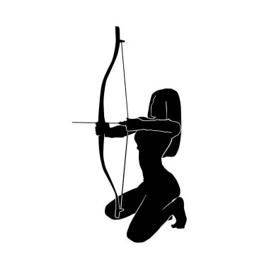 Kadın okçu savaşçı silueti geleneksel bir okla hedefe nişan alıyor.