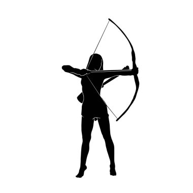Kadın okçu savaşçı silueti geleneksel bir okla hedefe nişan alıyor.